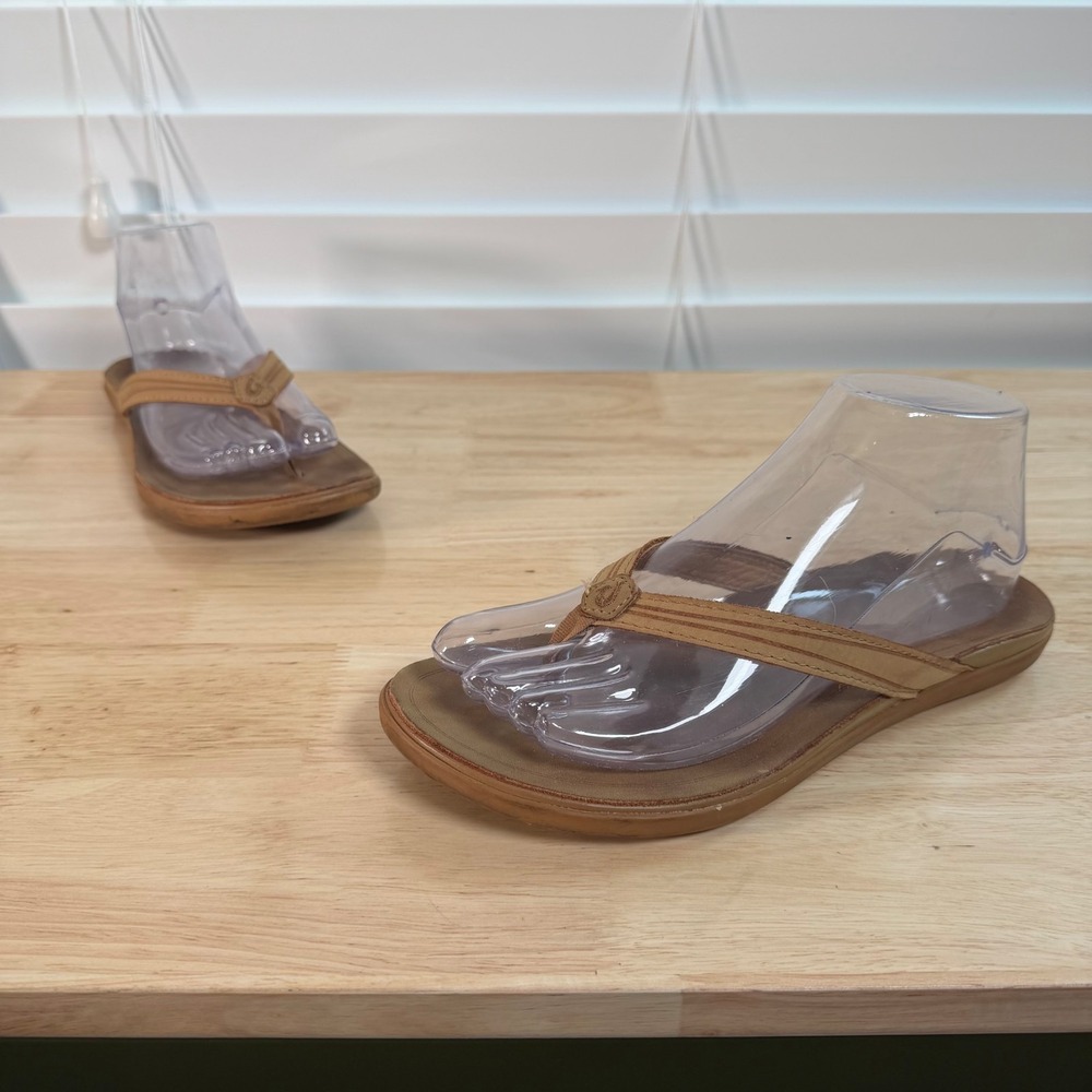 OluKai Aukai Thong Sandals Women's Tan Leather‎ Slip On Comfort Beach - 7